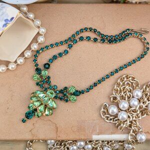 Vintage 1950's Juliana Style RARE Emerald & Citrine Green Rhinestone Necklace